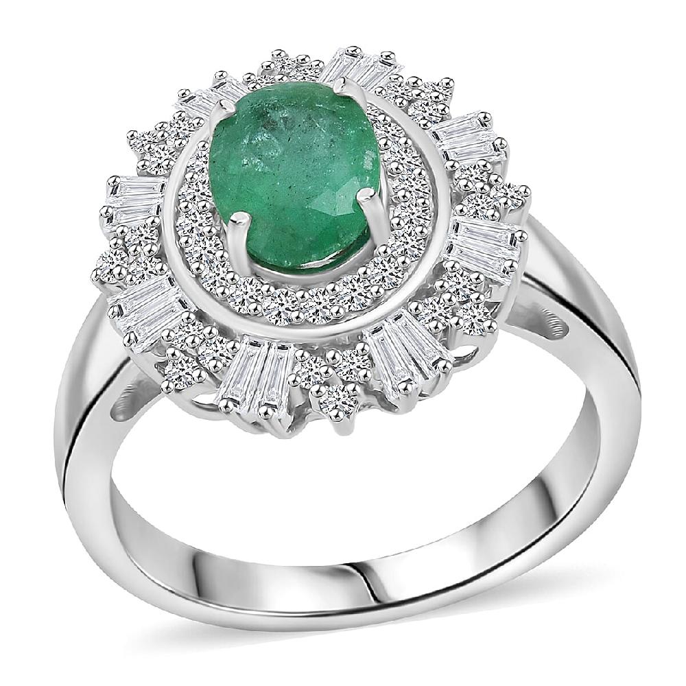 shop lc D'Joy Premium Kagem Zambian Emerald and Moissanite 2.00 ctw Ring in Rhodium Over Sterling Silver