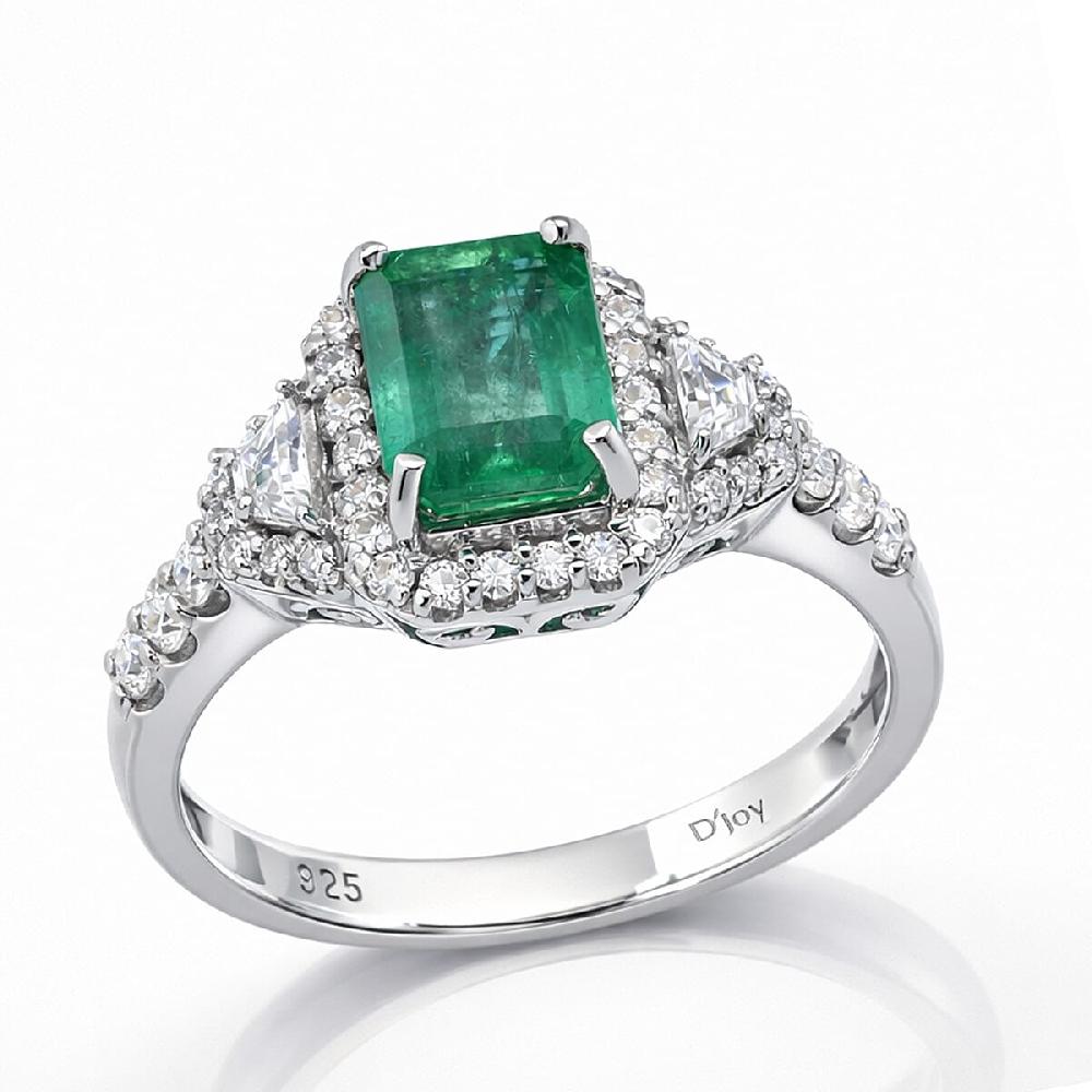 shop lc D'Joy Premium Kagem Zambian Emerald and Moissanite 2.20 ctw Crowned Heirloom Ring in Rhodium Over Sterling Silver
