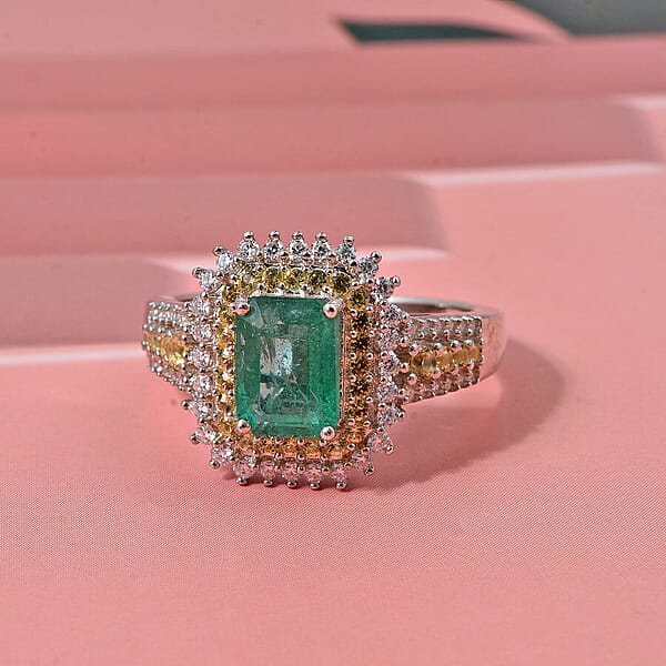Shop Lc D'Joy Premium Kagem Zambian Emerald And Multi Gemstone 2.40 Ctw Regal Halo Ring In Rhodium Over Sterling Silver