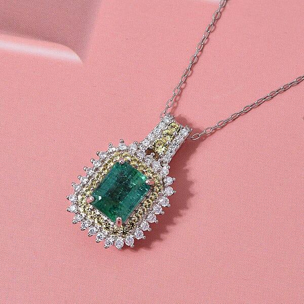 Shop Lc D'Joy Premium Kagem Zambian Emerald And Multi Gemstone 2.25 Ctw Regal Halo Pendant Necklace In Rhodium Over Sterling Silver 20 Inches