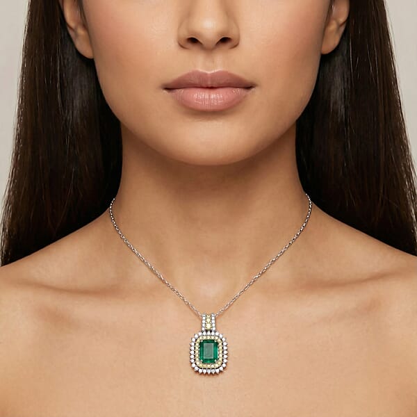 Shop Lc D'Joy Premium Kagem Zambian Emerald And Multi Gemstone 2.25 Ctw Regal Halo Pendant Necklace In Rhodium Over Sterling Silver 20 Inches