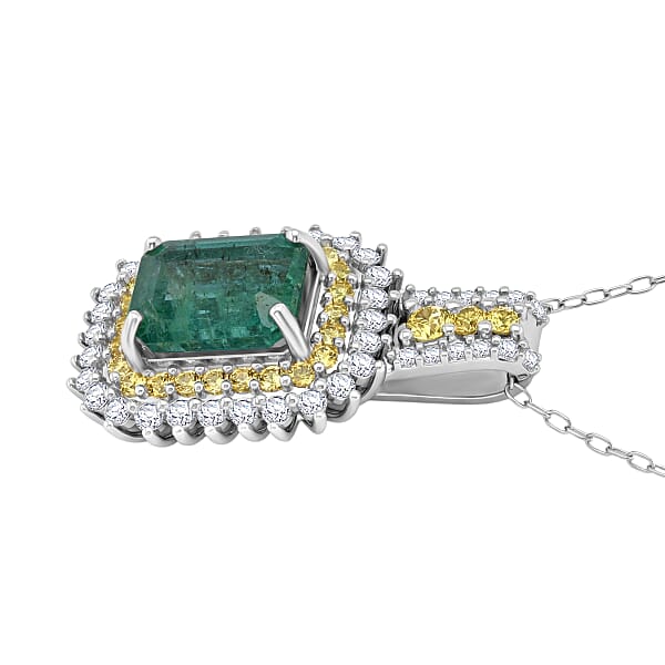 Shop Lc D'Joy Premium Kagem Zambian Emerald And Multi Gemstone 2.25 Ctw Regal Halo Pendant Necklace In Rhodium Over Sterling Silver 20 Inches