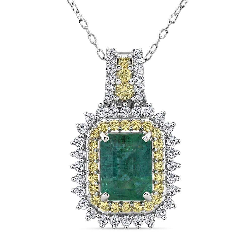 shop lc D'Joy Premium Kagem Zambian Emerald and Multi Gemstone 2.25 ctw Regal Halo Pendant Necklace in Rhodium Over Sterling Silver 20 Inches