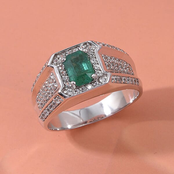 Shop Lc D'Joy Premium Kagem Zambian Emerald And White Zircon 2.00 Ctw Regal Heritage Men's Ring In Rhodium Over Sterling Silver