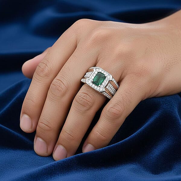 Shop Lc D'Joy Premium Kagem Zambian Emerald And White Zircon 2.00 Ctw Regal Heritage Men's Ring In Rhodium Over Sterling Silver