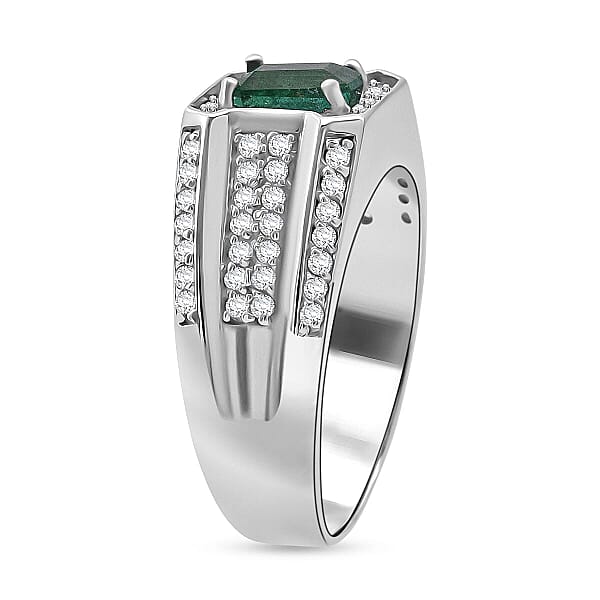 Shop Lc D'Joy Premium Kagem Zambian Emerald And White Zircon 2.00 Ctw Regal Heritage Men's Ring In Rhodium Over Sterling Silver