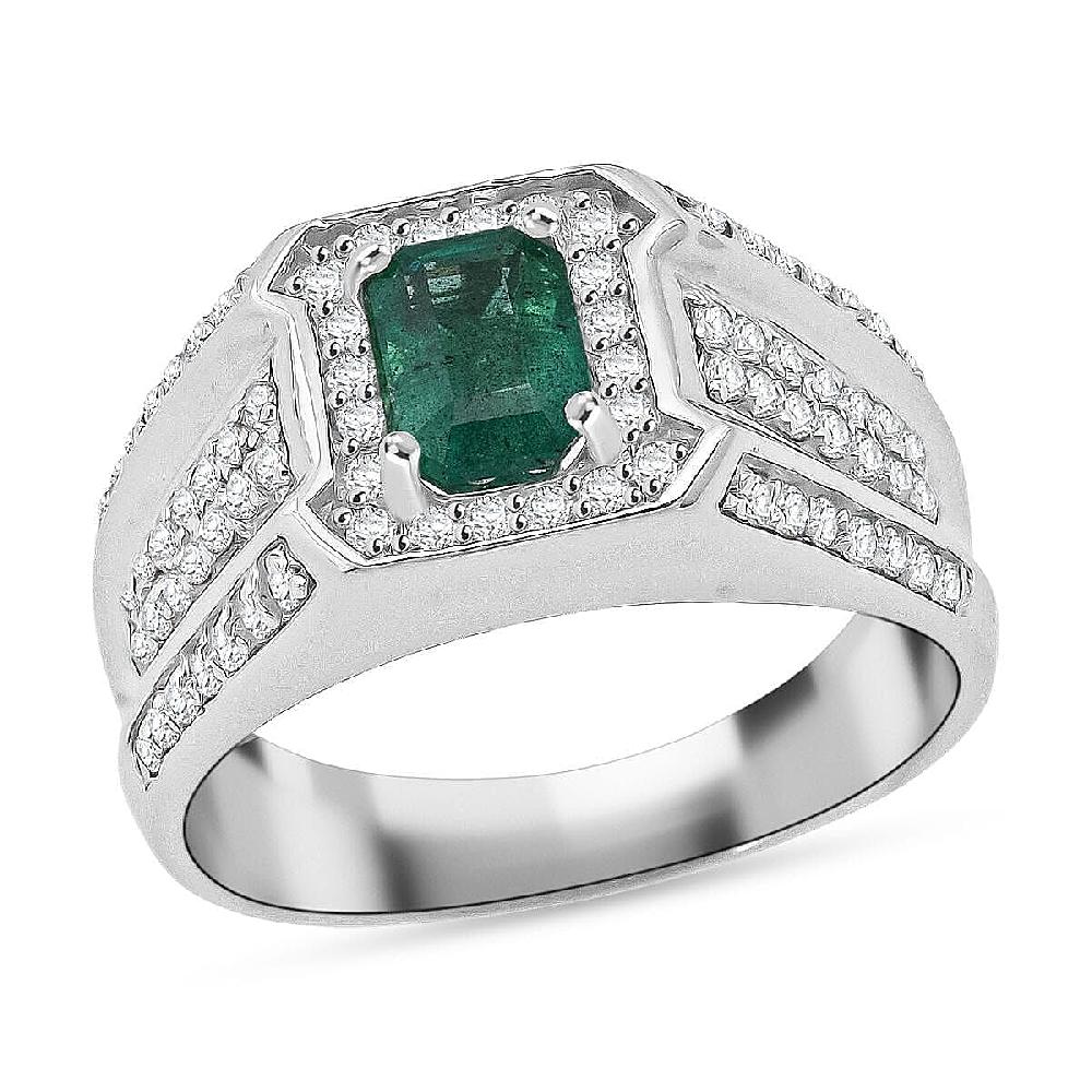 shop lc D'Joy Premium Kagem Zambian Emerald and White Zircon 2.00 ctw Regal Heritage Men's Ring in Rhodium Over Sterling Silver