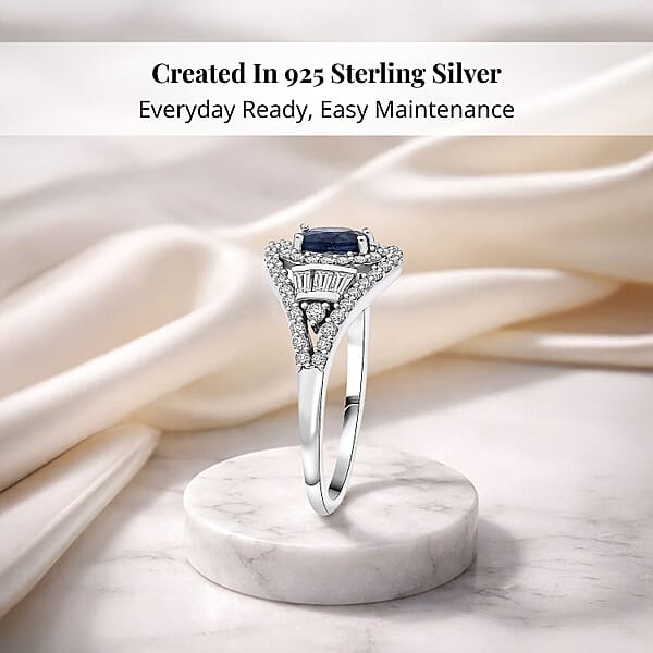 Shop Lc D'Joy Premium Kanchanaburi Blue Sapphire And Moissanite 1.15 Ctw Regal Radiance Ring In Rhodium Over Sterling Silver