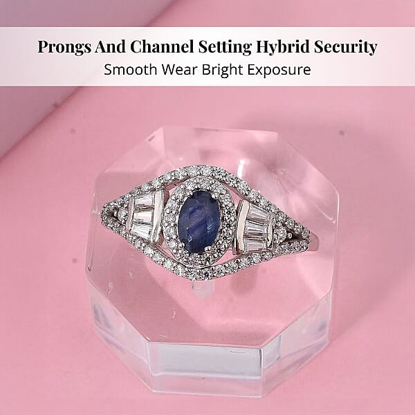 Shop Lc D'Joy Premium Kanchanaburi Blue Sapphire And Moissanite 1.15 Ctw Regal Radiance Ring In Rhodium Over Sterling Silver