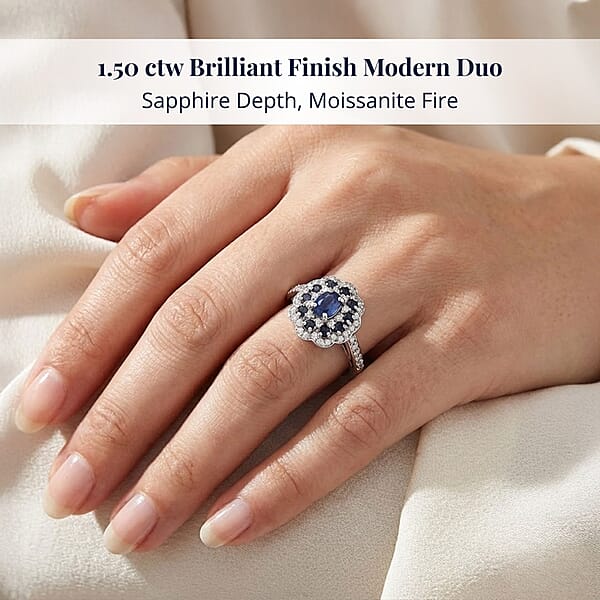 Shop Lc D'Joy Premium Kanchanaburi Blue Sapphire And Moissanite 1.50 Ctw Imperial Bloom Ring In Rhodium Over Sterling Silver