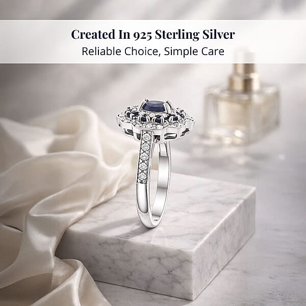 Shop Lc D'Joy Premium Kanchanaburi Blue Sapphire And Moissanite 1.50 Ctw Imperial Bloom Ring In Rhodium Over Sterling Silver