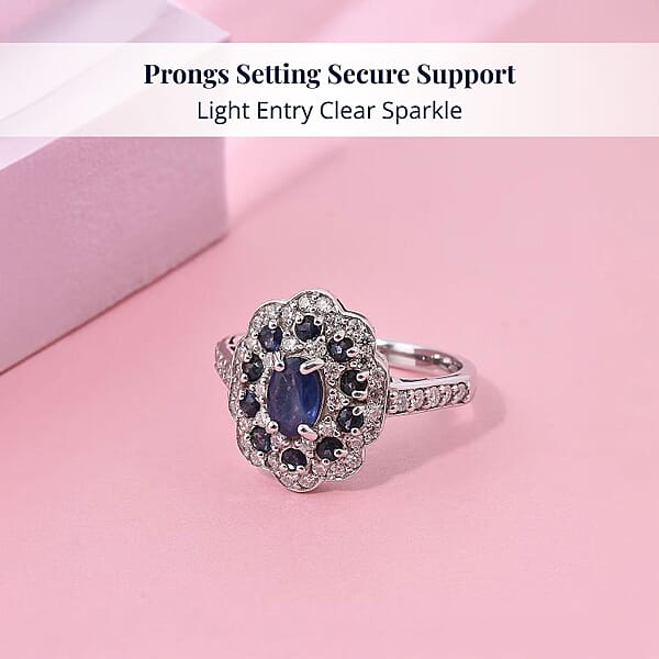 Shop Lc D'Joy Premium Kanchanaburi Blue Sapphire And Moissanite 1.50 Ctw Imperial Bloom Ring In Rhodium Over Sterling Silver