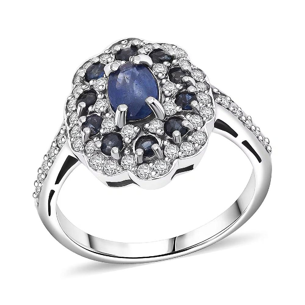 shop lc D'Joy Premium Kanchanaburi Blue Sapphire and Moissanite 1.50 ctw Imperial Bloom Ring in Rhodium Over Sterling Silver