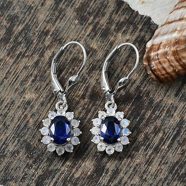 Shop Lc D'Joy Premium Kashmir Kyanite And Rainbow Moonstone 3.00 Ctw Moonlit Halo Earrings In Rhodium Over Sterling Silver