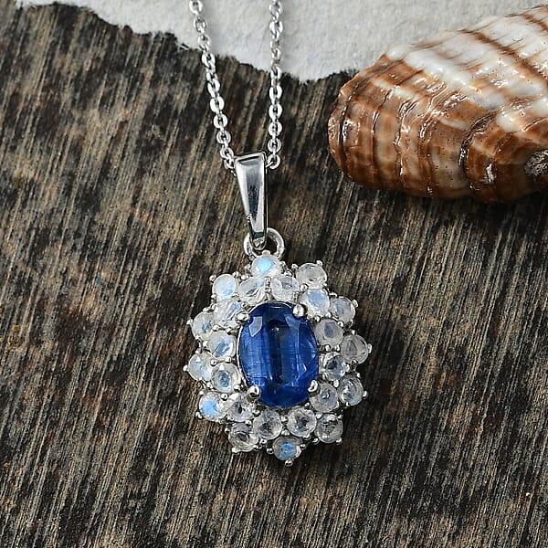 Shop Lc D'Joy Premium Kashmir Kyanite And Rainbow Moonstone 2.75 Ctw Moonlit Halo Pendant Necklace In Rhodium Over Sterling Silver 20 Inches
