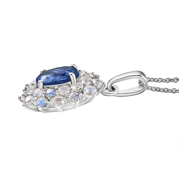 Shop Lc D'Joy Premium Kashmir Kyanite And Rainbow Moonstone 2.75 Ctw Moonlit Halo Pendant Necklace In Rhodium Over Sterling Silver 20 Inches