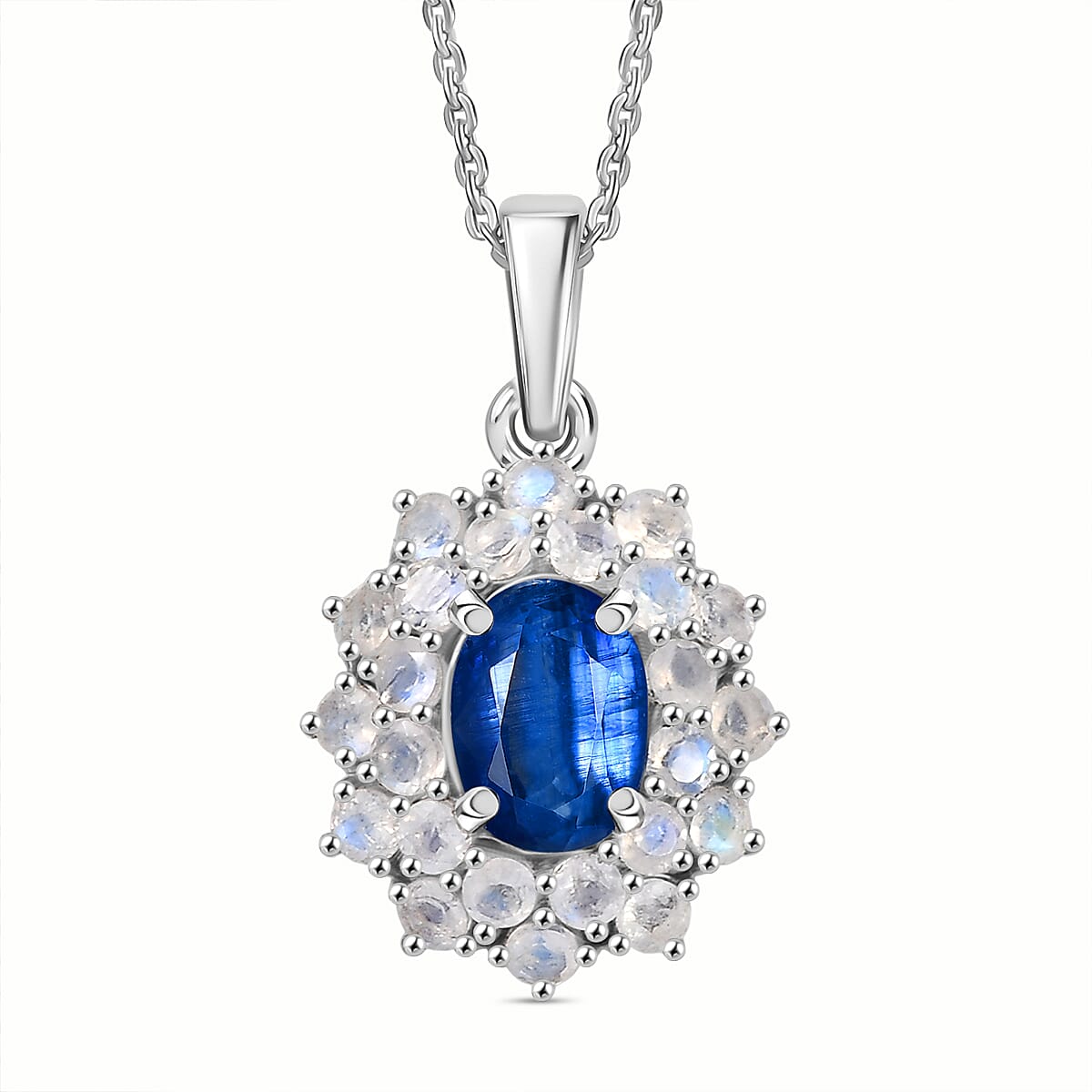 shop lc D'Joy Premium Kashmir Kyanite and Rainbow Moonstone 2.75 ctw Moonlit Halo Pendant Necklace in Rhodium Over Sterling Silver 20 Inches