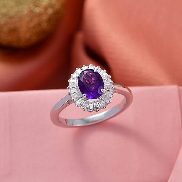 Shop Lc D'Joy Premium Lusaka Amethyst And Moissanite 1.60 Ctw Sunray Bloom Ring In Rhodium Over Sterling Silver