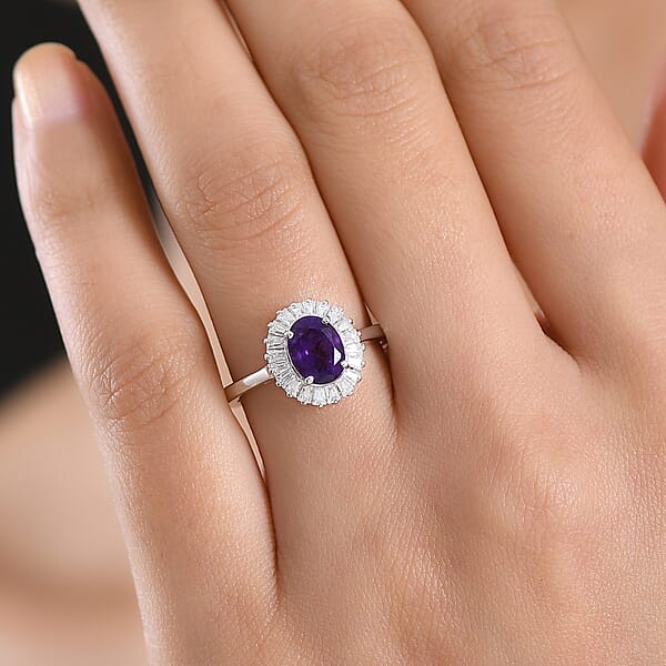 Shop Lc D'Joy Premium Lusaka Amethyst And Moissanite 1.60 Ctw Sunray Bloom Ring In Rhodium Over Sterling Silver