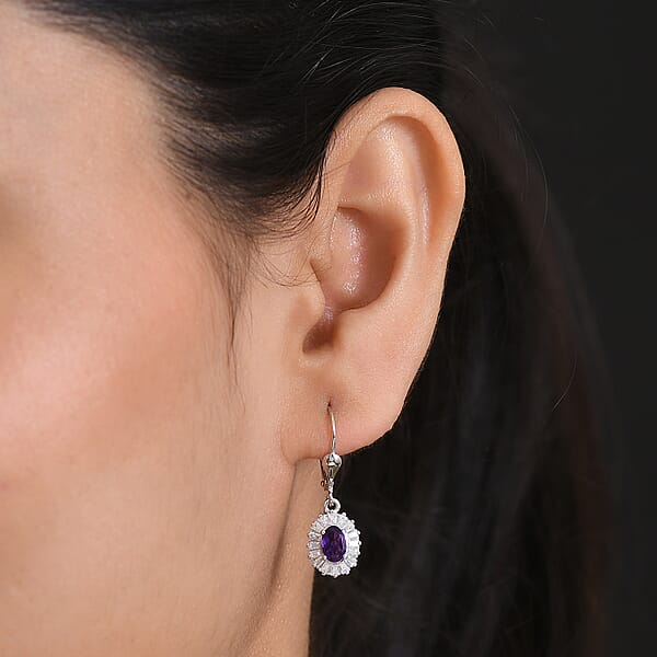 Shop Lc D'Joy Premium Lusaka Amethyst And Moissanite 1.65 Ctw Sunray Bloom Earrings In Rhodium Over Sterling Silver