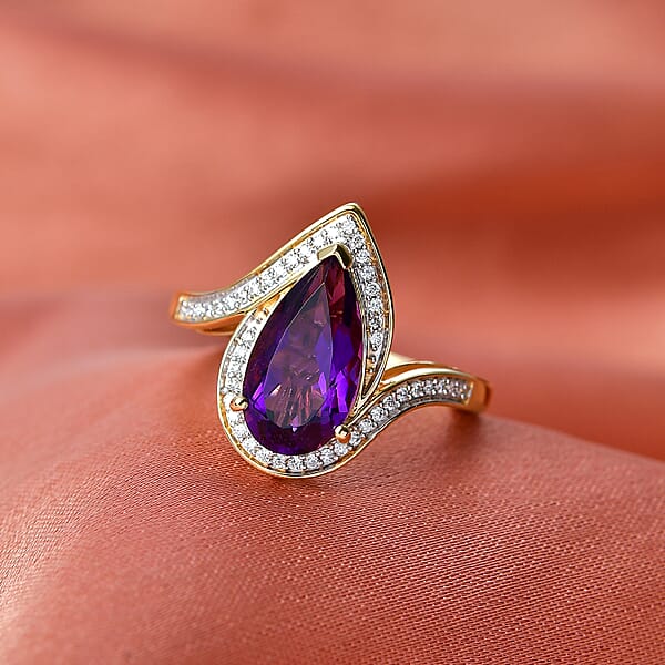 Shop Lc D'Joy Premium Lusaka Amethyst And Moissanite 2.50 Ctw Oceanic Wave Ring In 18K Vermeil Yellow Gold Over Sterling Silver