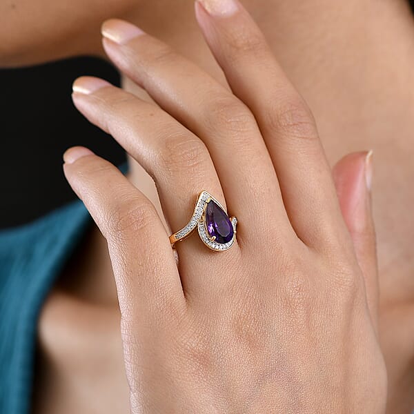Shop Lc D'Joy Premium Lusaka Amethyst And Moissanite 2.50 Ctw Oceanic Wave Ring In 18K Vermeil Yellow Gold Over Sterling Silver