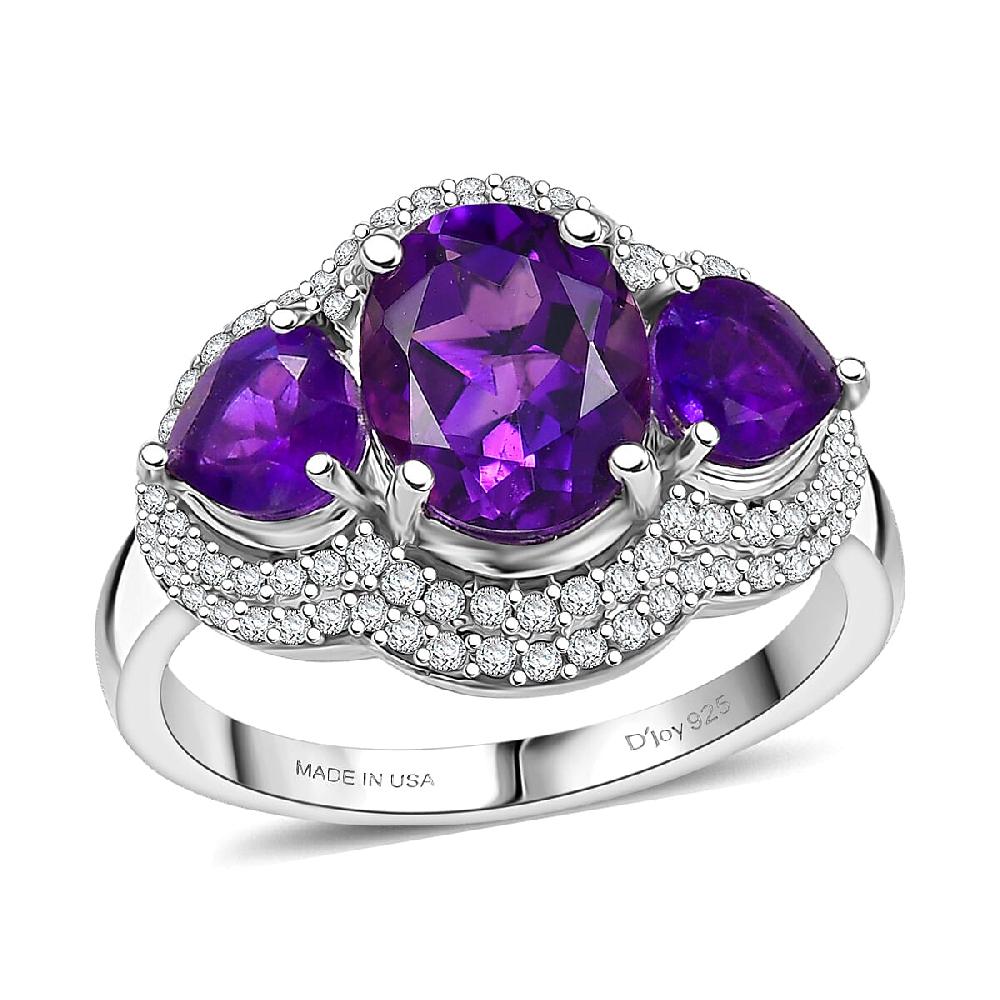 shop lc D'Joy Premium Lusaka Amethyst and Moissanite 3.00 ctw Trilogy Ring in Rhodium Over Sterling Silver