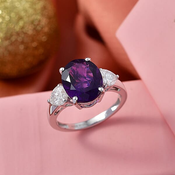 Shop Lc D'Joy Premium Lusaka Amethyst And Moissanite 5.15 Ctw Heart Accent Ring In Rhodium Over Sterling Silver