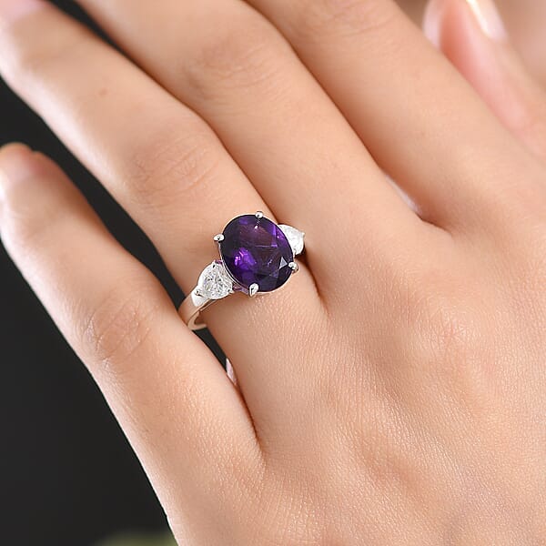 Shop Lc D'Joy Premium Lusaka Amethyst And Moissanite 5.15 Ctw Heart Accent Ring In Rhodium Over Sterling Silver