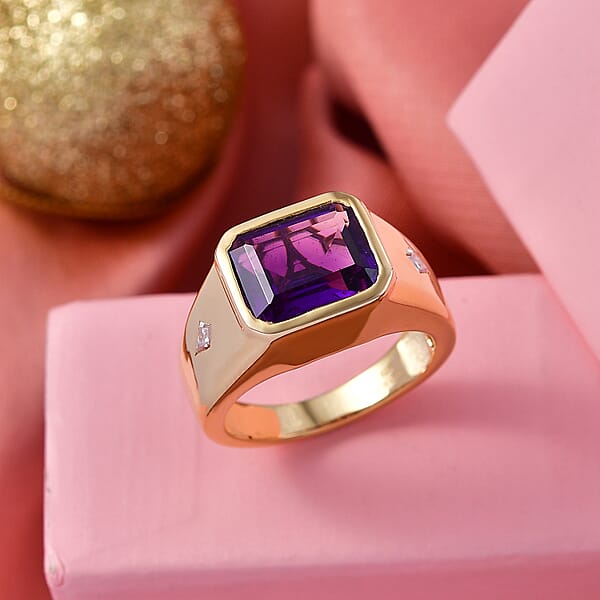 Shop Lc D'Joy Premium Lusaka Amethyst And Moissanite 6.00 Ctw Men's Ring In 18K Vermeil Yellow Gold Over Sterling Silver