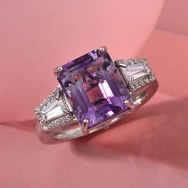 Shop Lc D'Joy Premium Lusaka Amethyst And Moissanite 6.60 Ctw Signature Ring In Rhodium Over Sterling Silver