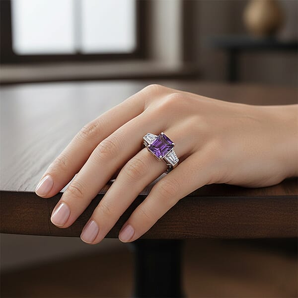Shop Lc D'Joy Premium Lusaka Amethyst And Moissanite 6.60 Ctw Signature Ring In Rhodium Over Sterling Silver