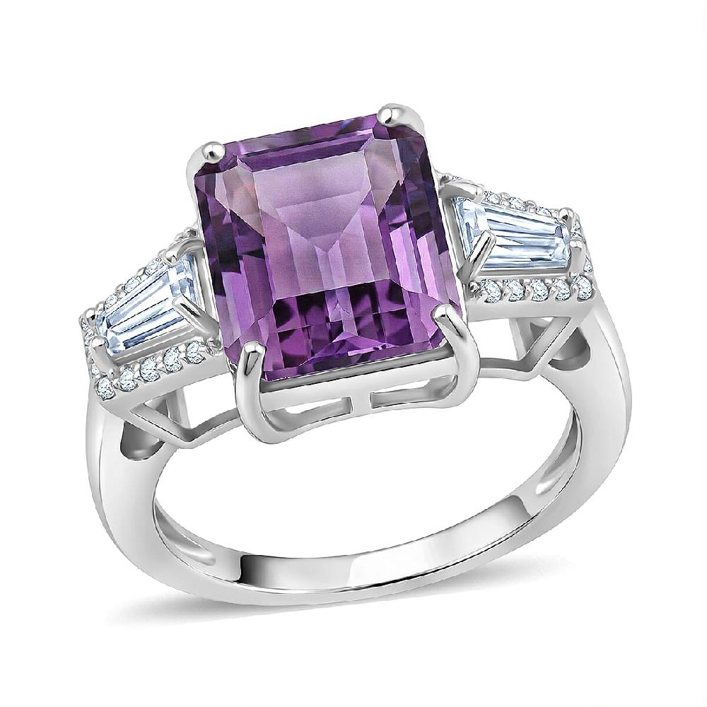 shop lc D'Joy Premium Lusaka Amethyst and Moissanite 6.60 ctw Signature Ring in Rhodium Over Sterling Silver