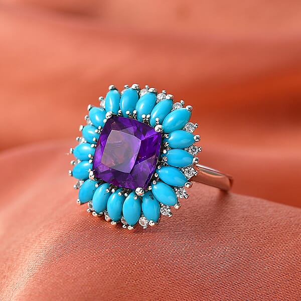 Shop Lc D'Joy Premium Lusaka Amethyst And Multi Gemstone 7.50 Ctw Petal Halo Ring In Rhodium Over Sterling Silver