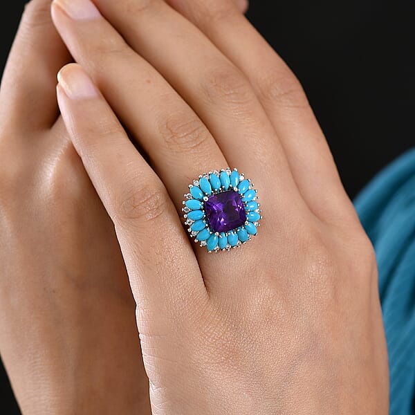 Shop Lc D'Joy Premium Lusaka Amethyst And Multi Gemstone 7.50 Ctw Petal Halo Ring In Rhodium Over Sterling Silver