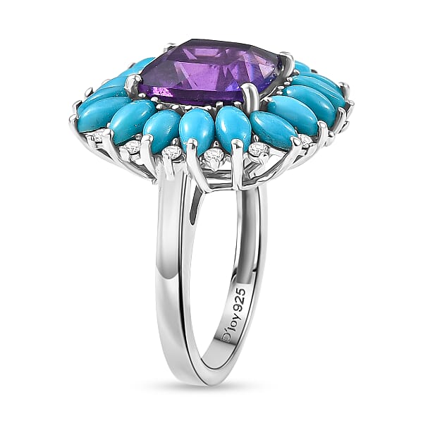 Shop Lc D'Joy Premium Lusaka Amethyst And Multi Gemstone 7.50 Ctw Petal Halo Ring In Rhodium Over Sterling Silver