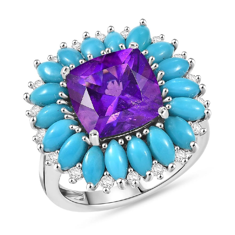 shop lc D'Joy Premium Lusaka Amethyst and Multi Gemstone 7.50 ctw Petal Halo Ring in Rhodium Over Sterling Silver