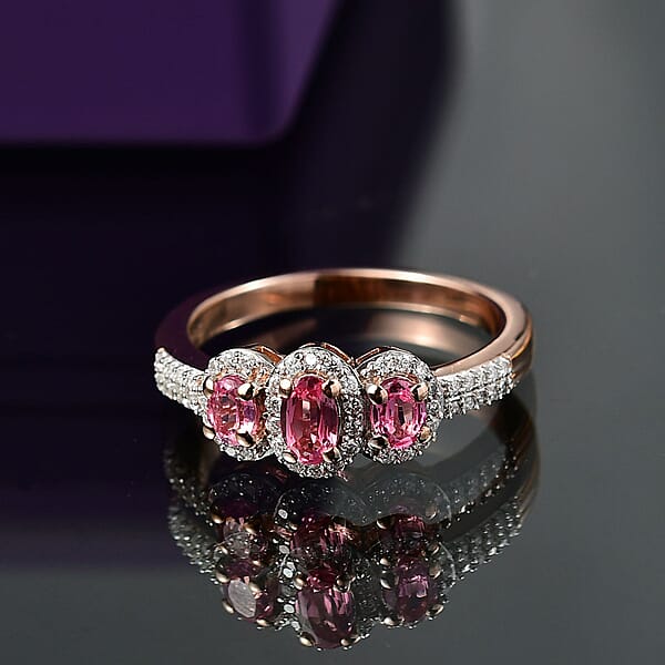 Shop Lc D'Joy Premium Mahenge Spinel And Moissanite 0.85 Ctw Royal Trilogy Ring In 18K Vermeil Rose Gold Over Sterling Silver