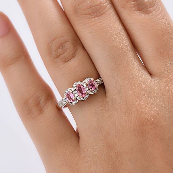 Shop Lc D'Joy Premium Mahenge Spinel And Moissanite 0.85 Ctw Royal Trilogy Ring In 18K Vermeil Rose Gold Over Sterling Silver
