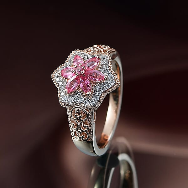 Shop Lc D'Joy Premium Mahenge Spinel And White Zircon 0.85 Ctw Floral Regalia Ring In 18K Vermeil Rose Gold Over Sterling Silver