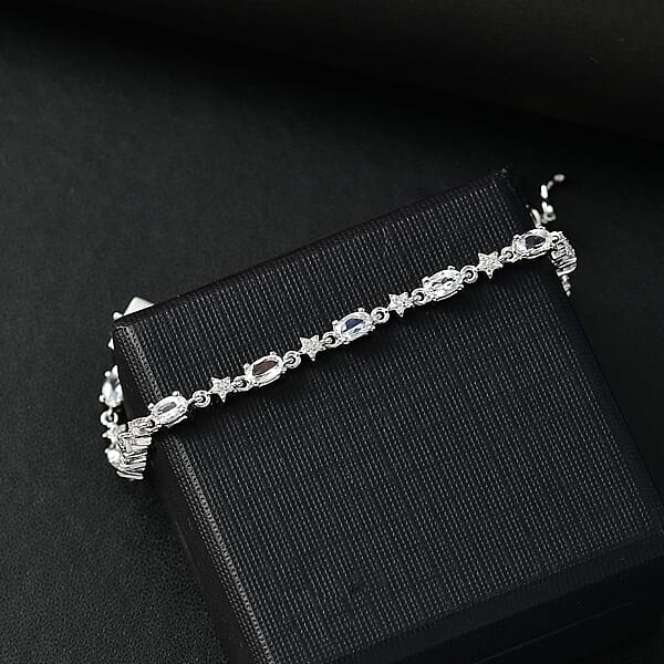 Shop Lc D'Joy Premium Malagasy Moonstone And Moissanite 3.80 Ctw Celestial Bracelet In Rhodium Over Sterling Silver (7.25 In)