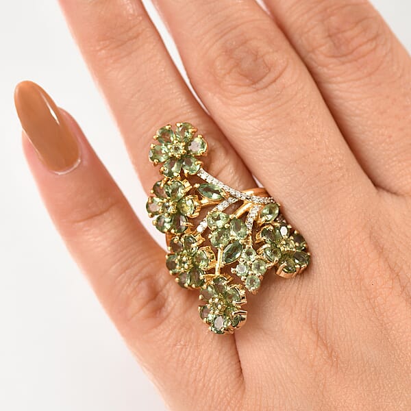 Shop Lc D'Joy Premium Malagasy Pine Apatite And Moissanite 6.80 Ctw Jasmine Floral Ring In 18K Vermeil Yellow Gold Over Sterling Silver