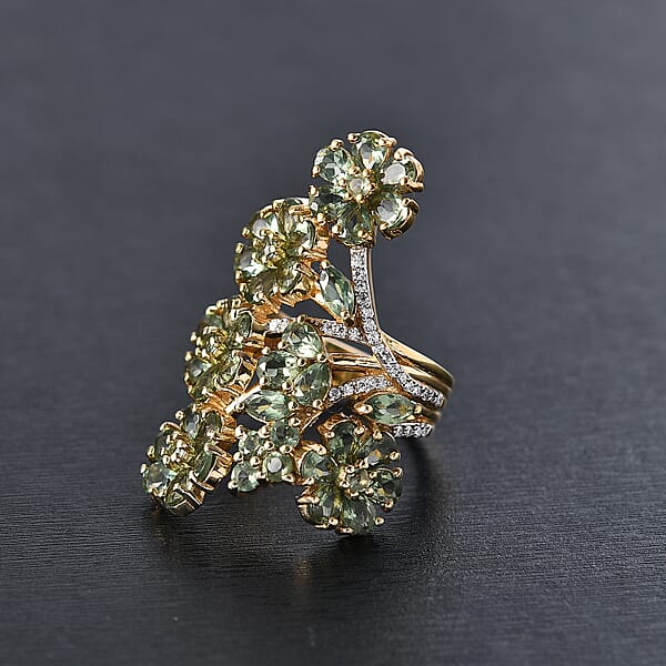 Shop Lc D'Joy Premium Malagasy Pine Apatite And Moissanite 6.80 Ctw Jasmine Floral Ring In 18K Vermeil Yellow Gold Over Sterling Silver
