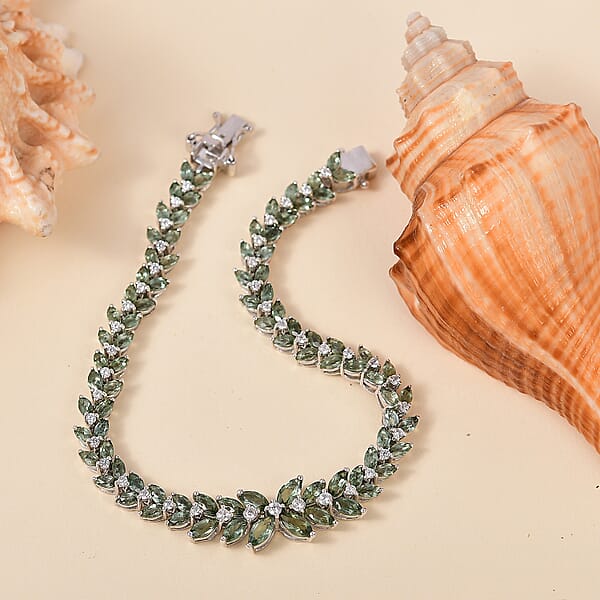 Shop Lc D'Joy Premium Malagasy Pine Apatite And White Zircon 10.65 Ctw Whispering Leaves Bracelet In Rhodium Over Sterling Silver (7.25 In)
