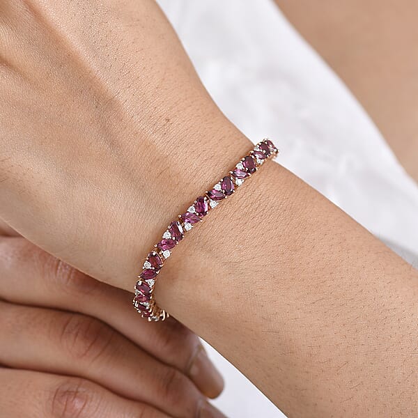 Shop Lc D'Joy Premium Malawi Magenta Garnet And Moissanite 10.85 Ctw Moonlit Bloom Bracelet In 18K Vermeil Rose Gold Over Sterling Silver (7.25 In)