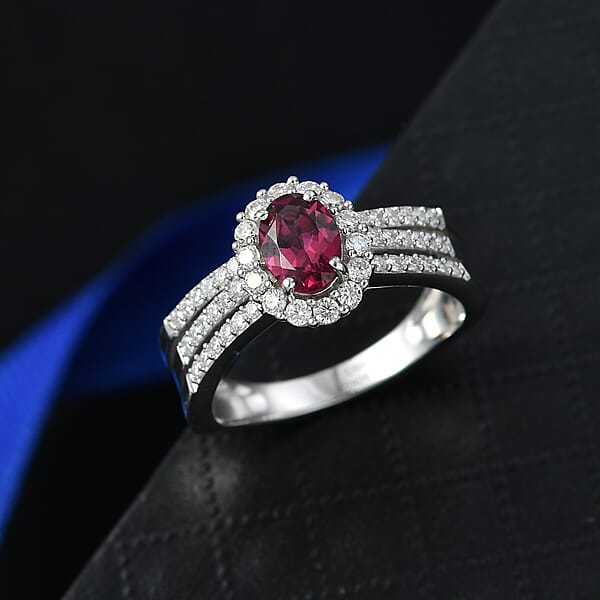 Shop Lc D'Joy Premium Malawi Magenta Garnet And Moissanite 1.60 Ctw Halo Crest Ring In Rhodium Over Sterling Silver