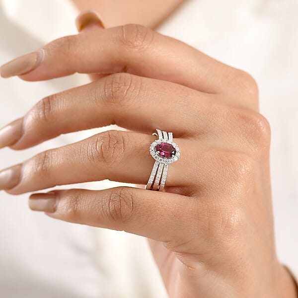 Shop Lc D'Joy Premium Malawi Magenta Garnet And Moissanite 1.60 Ctw Halo Crest Ring In Rhodium Over Sterling Silver