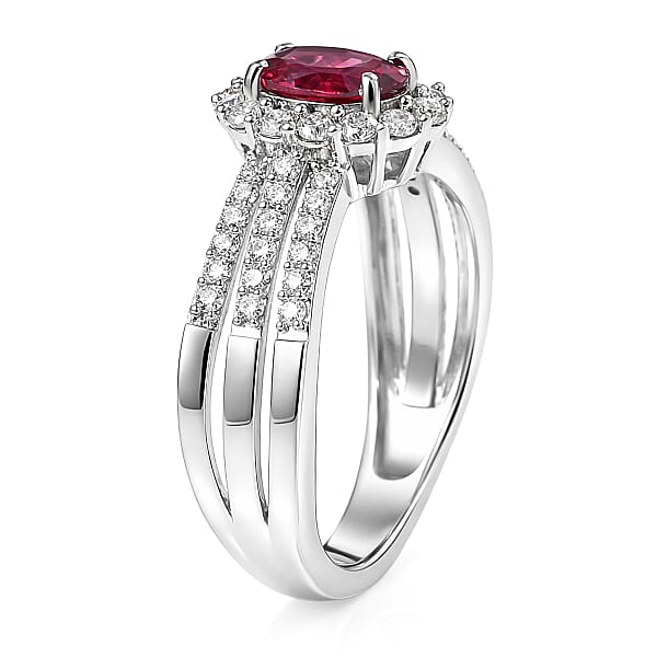 Shop Lc D'Joy Premium Malawi Magenta Garnet And Moissanite 1.60 Ctw Halo Crest Ring In Rhodium Over Sterling Silver