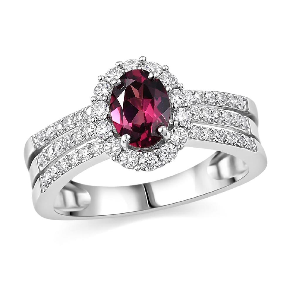 shop lc D'Joy Premium Malawi Magenta Garnet and Moissanite 1.60 ctw Halo Crest Ring in Rhodium Over Sterling Silver