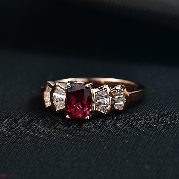 Shop Lc D'Joy Premium Malawi Magenta Garnet And Moissanite 1.85 Ctw Deco Flair Ring In 18K Vermeil Rose Gold Over Sterling Silver